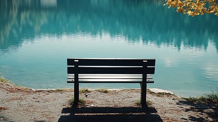 Wall Mural - A solitary bench overlooks a serene teal lake