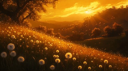 Wall Mural - Golden Sunset Over Dandelion Field Landscape