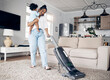 © peopleimages.com - Multitasking, child and mother with phone call for talking, carpet cleaning and housekeeping with household maintenance. Woman, baby and speaking to contact with vacuum for responsibility and chores