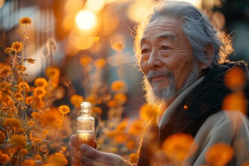 A serene East Asian man carefully examines a bottle of anti-aging serum under the soft glow of a setting sun. Surrounded by the peaceful greenery of a rooftop garden in the city.