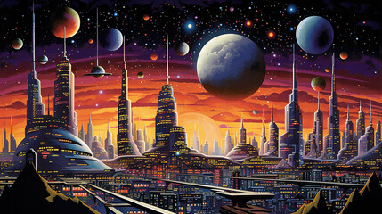 Wall Mural - retro futuristic city in the old school sci-fi art scene. retro space landscape with city