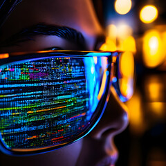Wall Mural - computer program code reflection on glasses cyber information data software encryption security tech