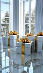 Canvas Print - Beautifully wrapped gifts sit in a bright room with floor-to-ceiling windows showcasing a winter view surrounded by snow