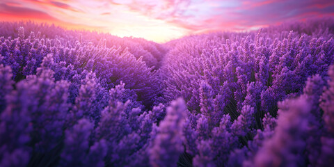 Sticker - Lavender Field Sunset: A breathtaking scene of lavender field bathed in the warm glow of a setting sun, the purple hues of the flowers blending seamlessly with the fiery sky.