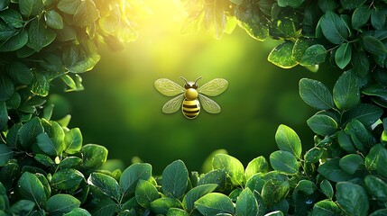 Wall Mural - golden bee in lush green leaves nature photography spring