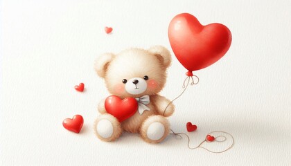Wall Mural - cute watercolor teddy bear, red heart balloon, valentine's day card, mother's day