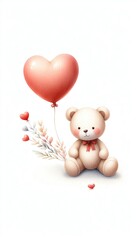 Wall Mural - cute watercolor teddy bear, red heart balloon, valentine's day card, mother's day