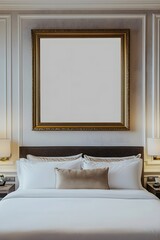 Wall Mural - A luxury hotel suite with a large gold empty frame on a soft cream wall above a king-sized bed, paired with elegant bedside tables and lamps