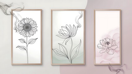 Wall Mural - set of  vertical poster  flower with smoky Line Art