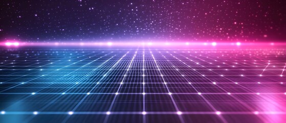 Poster - Abstract Digital Background with Grids and Stars in Pink and Blue, Ideal for Technology, Futuristic and Sci-Fi Themes in Visual Projects and Designs