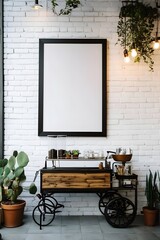 Canvas Print - A hipster café corner with a large empty black frame mounted on a white brick wall, above a vintage coffee cart and surrounded by potted succulents