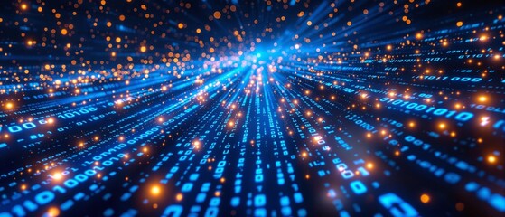 Abstract Digital Data Stream with Glowing Binary Code and Light Trails