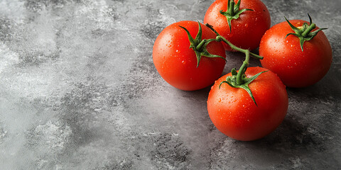 Canvas Print - Four fresh red tomatoes with water droplets on a textured gray background