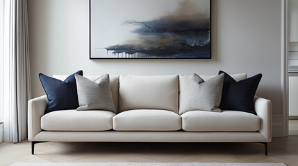 Poster - A modern cream-colored sofa with decorative pillows, placed against a wall featuring an abstract painting