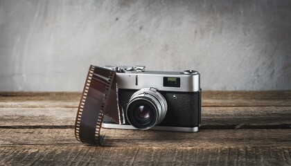 Fototapete - 흑백 필름이 삽입된 빈티지 카메라가 오래된 나무 테이블 위에 놓인 모습