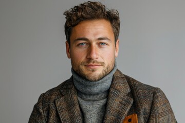 A contemporary portrait of a male tech entrepreneur wearing a smart casual blazer over a grey turtleneck