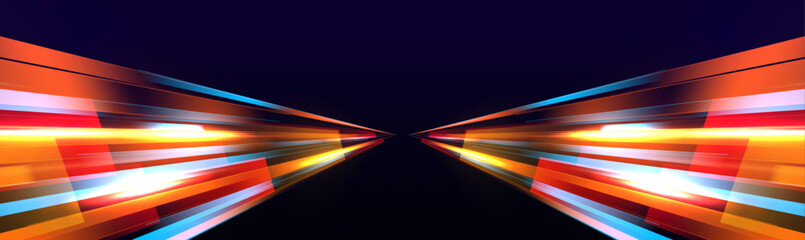 Fototapete - Panoramic high speed technology concept, light abstract background. Image of speed motion on the road. Abstract background in blue and purple neon glow colors.