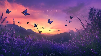 Wall Mural - Lavender Fields Sunset Butterflies Soaring Majestically