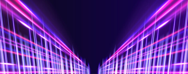 Poster - Panoramic high-speed technology concept with abstract light trails and glowing neon colors in blue,  representing the rapid motion and energy in a futuristic environment.