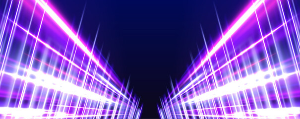Poster - Panoramic high-speed technology concept with abstract light trails and glowing neon colors in blue,  representing the rapid motion and energy in a futuristic environment.