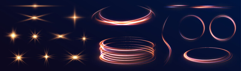 Poster - Bright neon light circles, abstract spiral trails, sparks, and fire flashes with swift movements generate a sense of dynamic energy, glowing bursts, and motion effects on a dark background.