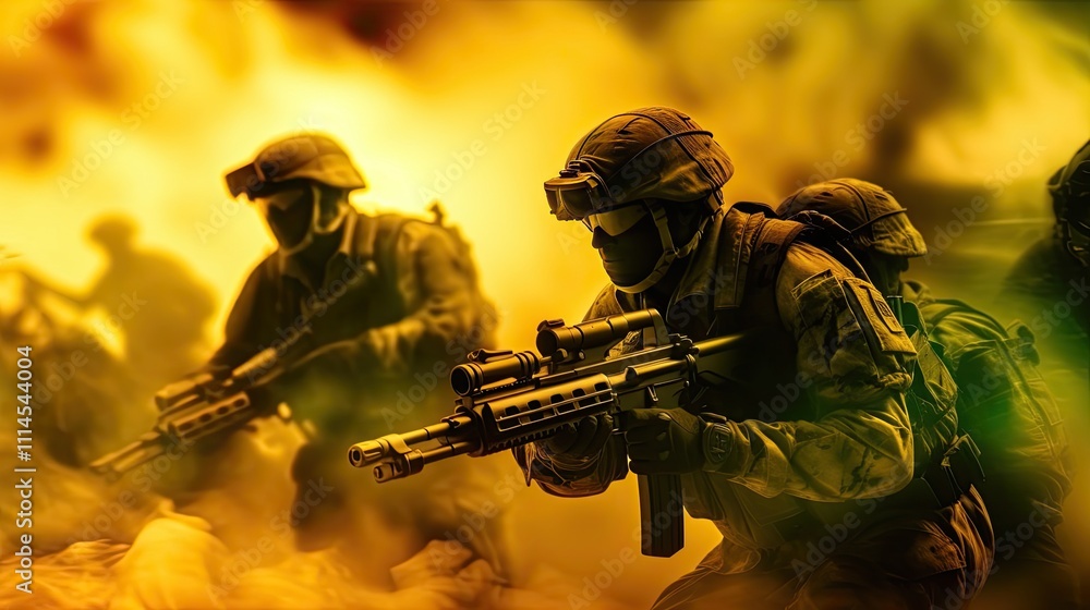 Run With Rifles Combat infantry attack the enemy. Fully equipped soldiers of war run ...