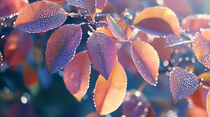 Wall Mural - Dewdrops Adorn Autumn Leaves in Soft Sunlight