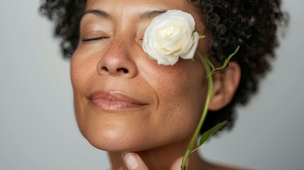 A serene woman with short curly hair and a white rose placed over her eye exuding a sense Of calm and peaceful ness.