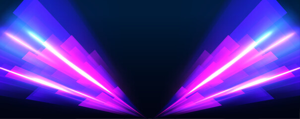 Leinwandbilder - Neon stripes in the form of drill, turns and swirl. Illustration of high speed concept. Image of speed motion on the road. Abstract background in blue and purple neon glow colors.	