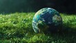 © banzeo - Earth globe resting on lush green grass, illuminated by sunlight.