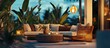 © zulie - Tranquil outdoor patio at dusk with sectional sofa, coffee table, and ambient lighting.