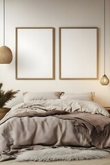 Canvas Print - A cozy Scandinavian bedroom with two matching wooden blank frames above a bed draped in neutral linens, with a fluffy rug and soft lighting from pendant lamps.