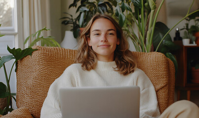 Wall Mural - Woman Relaxing with Laptop in Cozy Home