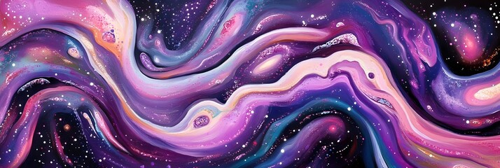 Wall Mural - A cosmic background with swirling nebula patterns in vibrant purples, blues, and pinks, dotted with small stars