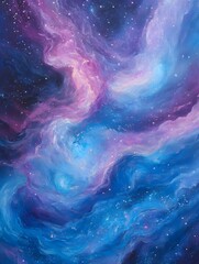 Wall Mural - A cosmic background with swirling nebula patterns in vibrant purples, blues, and pinks, dotted with small stars