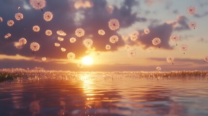 Wall Mural - Dandelion Seeds Floating at Sunset Over Still Water