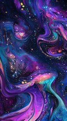 Wall Mural - A cosmic background with swirling nebula patterns in vibrant purples, blues, and pinks, dotted with small stars