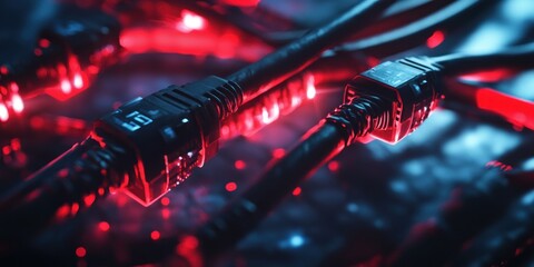 Poster - Futuristic Network Cables Glowing Red and Blue