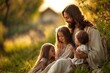 © Алена Ваторина - Smiling man with long hair sitting outdoors with happy children, sharing a peaceful and joyful moment in a natural setting under warm sunlight