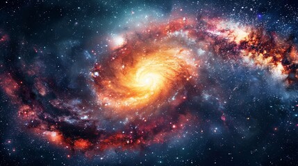 Wall Mural - Breathtaking spiral galaxy in deep space with shades of blue, purple, orange, swirling stars and cosmic dust, grandeur and vastness of universe, ideal for astronomy and space exploration themes