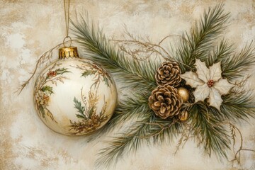 Poster - Elegant Christmas Ornament Decorated With Holly And Pinecones