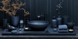 © Oleksandr - Elegant minimalist bathroom setup featuring dark tones and natural elements for a serene atmosphere