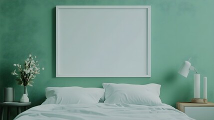 Canvas Print - A blank white frame mounted on a bold green wall, with soft neutral bedding and modern bedside decor