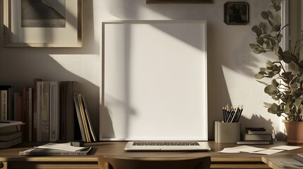 Canvas Print - A blank white frame in a small home office nook, viewed from a slightly elevated angle, surrounded by a laptop and scattered notes