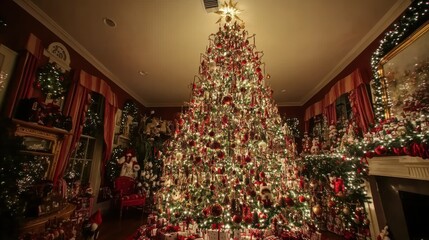 Wall Mural - Majestic Christmas Tree Decorated In Red And Gold