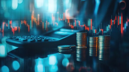 Leinwandbilder - Financial Growth Stacks Of Coins And Stock Market Data