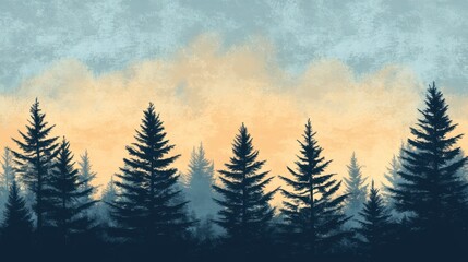 Sticker - Silhouetted Pine Trees Against a Soft Sunset Sky