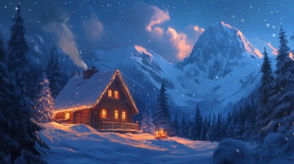 Sticker - A Cozy Cabin Illuminated Amidst Snowy Mountain Peaks