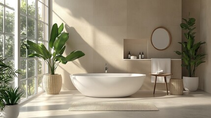 Wall Mural - Serene Minimalist Bathroom Design Featuring Freestanding Tub