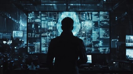 Poster - A lone programmer analyzes complex code on a large screen